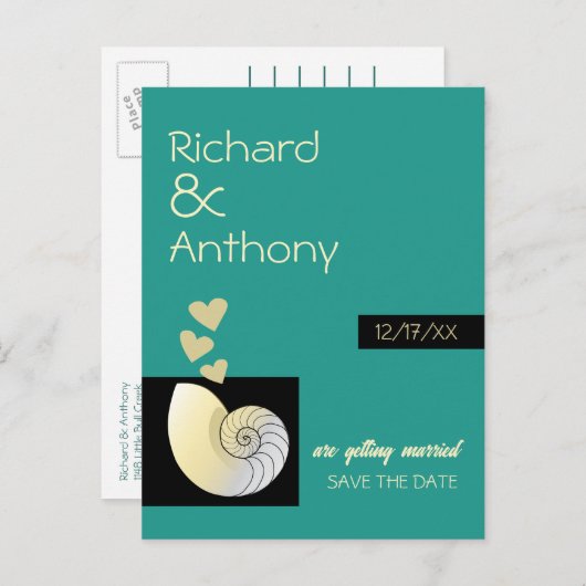 Zeeschelp en harten, strand bruiloft Save the Date Aankondigingskaart (Voorkant / Achterkant)
