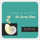 Zeeschelp en harten, strand bruiloft vierkante sticker (Voorkant)