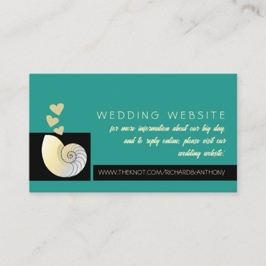 Zeeschelp en harten, strand bruiloft website informatiekaartje (Voorkant)