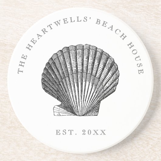  Zeeschelp Illustratie Naam Strandhuis Zandsteen Onderzetter (Voorkant)