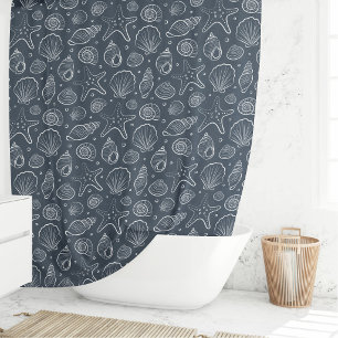 Zeeschelp Kust Nautilus Boho Strand Donkerblauw Douchegordijn