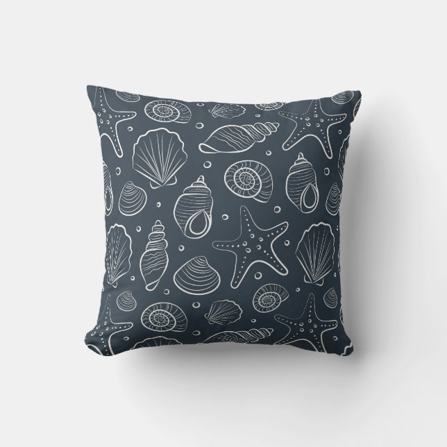 Zeeschelp Kust Nautilus Boho Strand Donkerblauw Kussen (Voorkant)