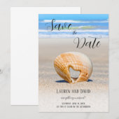Zeeschelp met een Hart op zand op het Strand, Save The Date (Voorkant / Achterkant)