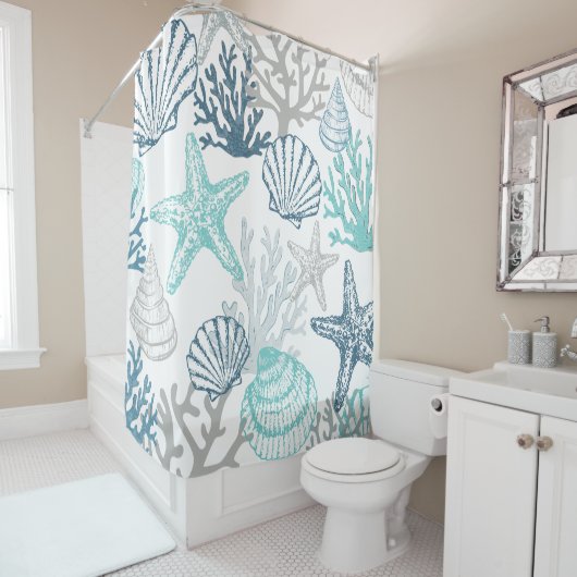 Zeeschelp zeester patroon blauw en Blauwgroen Douchegordijn (In situ)
