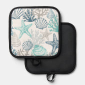 Zeeschelp zeester patroon blauw en Blauwgroen Pannenlap (Voorkant / Achterkant)