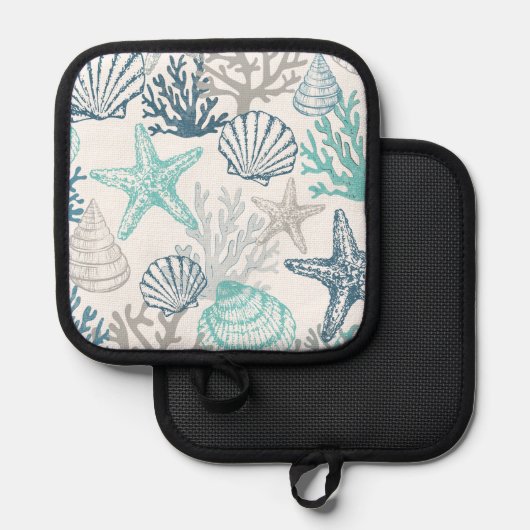 Zeeschelp zeester patroon blauw en Blauwgroen Pannenlap (Voorkant / Achterkant)