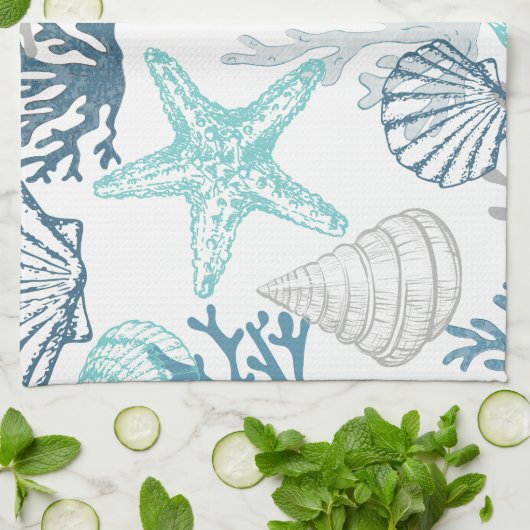 Zeeschelp zeester patroon blauw en Blauwgroen Theedoek (Gevouwen)