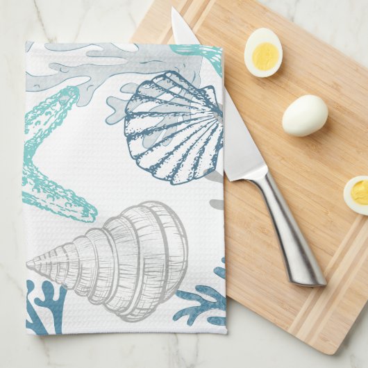 Zeeschelp zeester patroon blauw en Blauwgroen Theedoek (Quarter Fold)