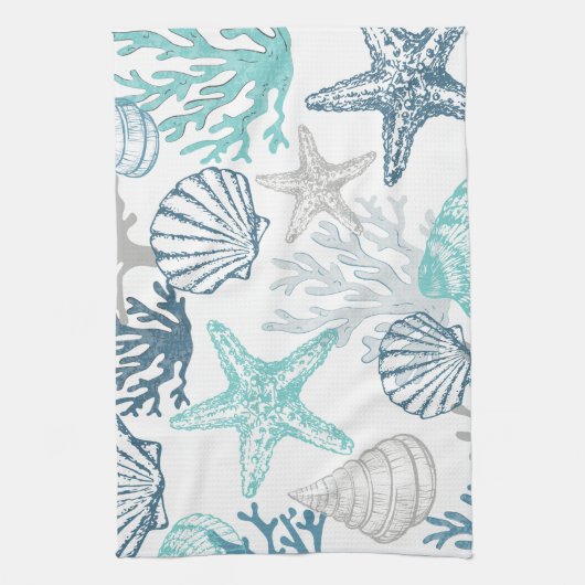 Zeeschelp zeester patroon blauw en Blauwgroen Theedoek (Verticaal)