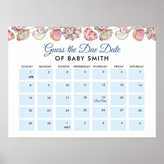Zeeschelpen Baby Shower Verwachte Datum Poster (Voorkant)