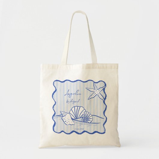 Zeeschelpen blauw golvende grens strand bruidsmeis tote bag (Voorkant)