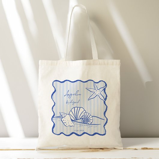 Zeeschelpen blauw golvende grens strand bruidsmeis tote bag