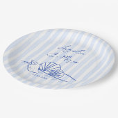 Zeeschelpen blauw golvende grens strand bruiloft m papieren bordje (Gekanteld)