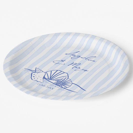 Zeeschelpen blauw golvende grens strand bruiloft m papieren bordje (Gekanteld)