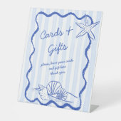 Zeeschelpen blauw golvende grens strand huwelijksg reclamebord met voetstuk (Voorkant)