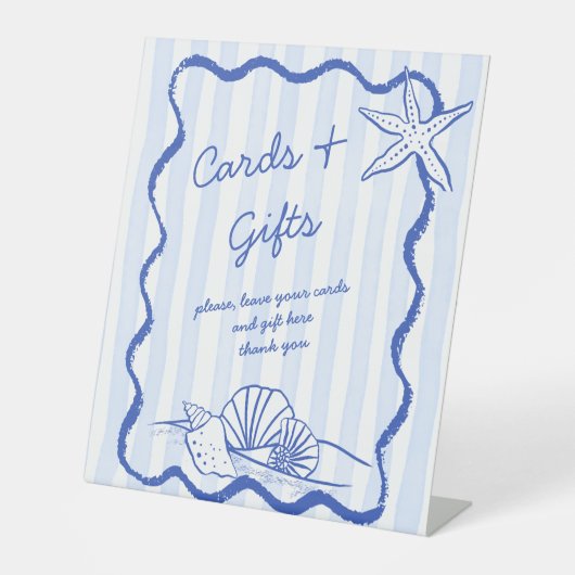 Zeeschelpen blauw golvende grens strand huwelijksg reclamebord met voetstuk (Voorkant)