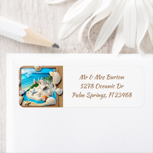 Zeeschelpen en Blauw Water Strand Etiket (Insitu)