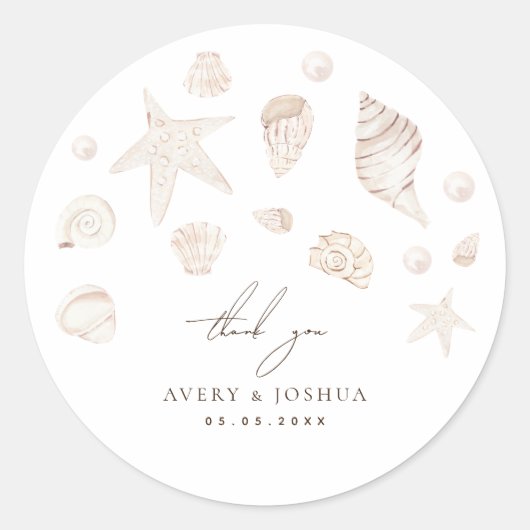 Zeeschelpen en parels Kustbruiloft Bedankt Ronde Sticker (Voorkant)
