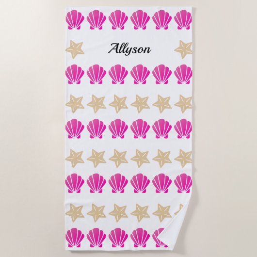 Zeeschelpen en zeegarnaal, Zwarte Script-naam Strandlaken (Voorkant)