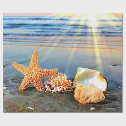 Zeeschelpen en zeesterkreeft op het strand cadeaupapier (Vlak)