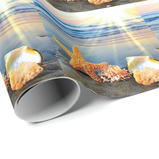 Zeeschelpen en zeesterkreeft op het strand cadeaupapier (Rol Hoek)