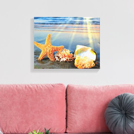 Zeeschelpen en zeesterkreeft op het strand canvas afdruk (Insitu (Woonkamer))