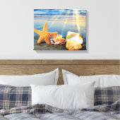 Zeeschelpen en zeesterkreeft op het strand canvas afdruk (Insitu (Slaapkamer))