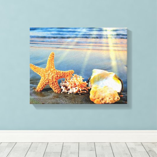Zeeschelpen en zeesterkreeft op het strand canvas afdruk (Insitu (Houten vloer))