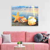 Zeeschelpen en zeesterkreeft op het strand canvas afdruk (Insitu (Woonkamer))