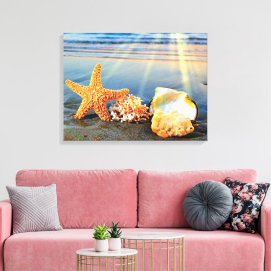 Zeeschelpen en zeesterkreeft op het strand canvas afdruk (Insitu (Woonkamer))