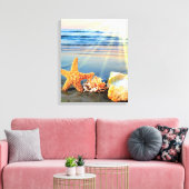 Zeeschelpen en zeesterkreeft op het strand canvas afdruk (Insitu (Woonkamer))