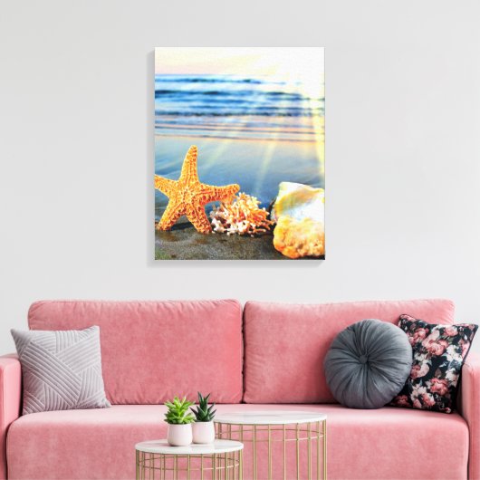 Zeeschelpen en zeesterkreeft op het strand canvas afdruk (Insitu (Woonkamer))