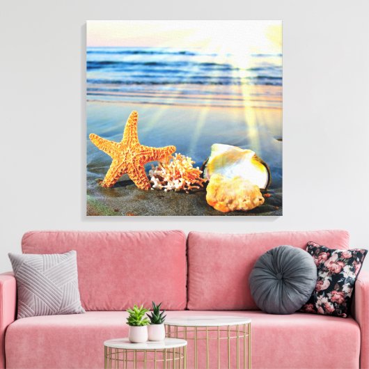 Zeeschelpen en zeesterkreeft op het strand canvas afdruk (Insitu (Woonkamer))