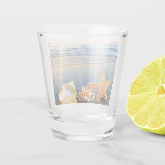 Zeeschelpen en zeesterkreeft op het strand shot glas (Achterkant)