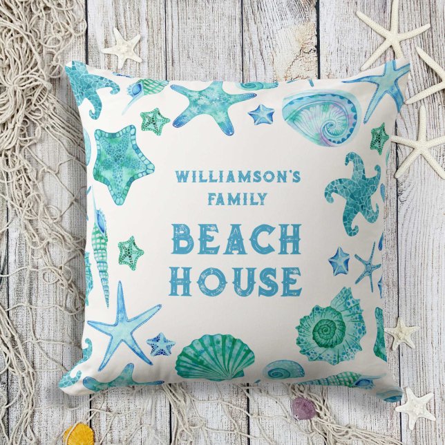 Zeeschelpen en zeesterren familie Beach House Kussen (Sea Shells and Starfish Family Beach House Throw Pillow)