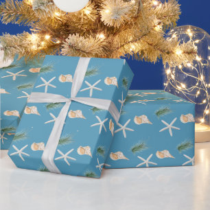 Zeeschelpen en Zeesterren met Kerstmis Pijnboom Cadeaupapier