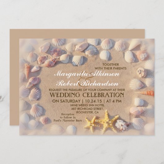 Zeeschelpen en zeesterren tropische bruiloft uitno kaart (Voorkant / Achterkant)