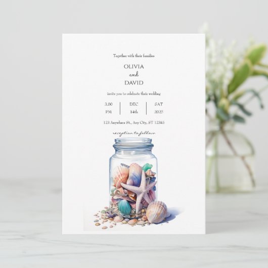 Zeeschelpen Glas Jar CenterPiece Strand Bruiloft Kaart (Staand voorkant)