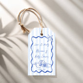 Zeeschelpen golvend blauw strepen baby shower guns cadeaulabel