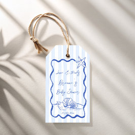 Zeeschelpen golvend blauw strepen baby shower guns cadeaulabel