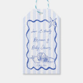 Zeeschelpen golvend blauw strepen baby shower guns cadeaulabel (Voorkant)