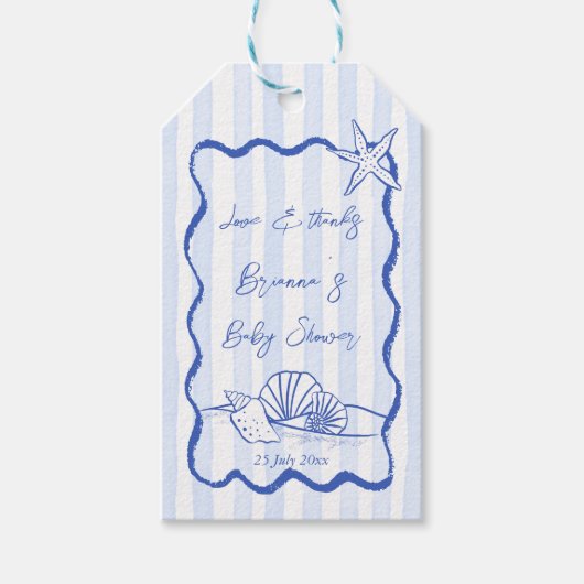 Zeeschelpen golvend blauw strepen baby shower guns cadeaulabel (Voorkant)