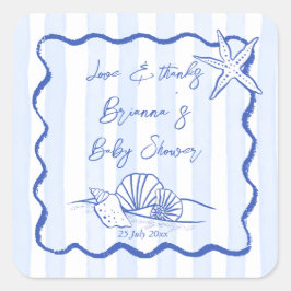 Zeeschelpen golvend blauw strepen baby shower guns vierkante sticker