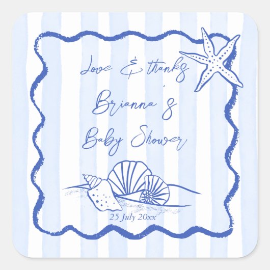 Zeeschelpen golvend blauw strepen baby shower guns vierkante sticker (Voorkant)