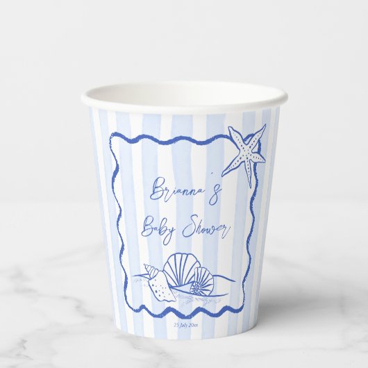 Zeeschelpen golvend border blue stripes baby showe papieren bekers (Achterkant)