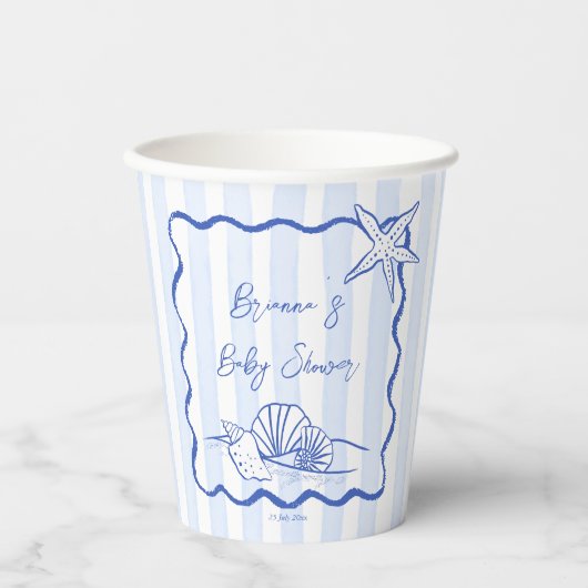 Zeeschelpen golvend border blue stripes baby showe papieren bekers (Voorkant)