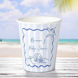 Zeeschelpen golvend border blue stripes baby showe papieren bekers