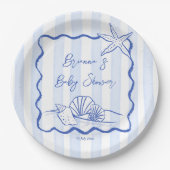 Zeeschelpen golvend border blue stripes baby showe papieren bordje (Voorkant)