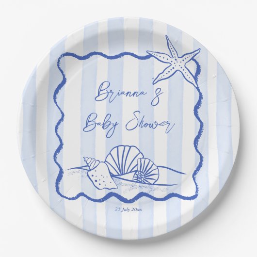 Zeeschelpen golvend border blue stripes baby showe papieren bordje (Voorkant)