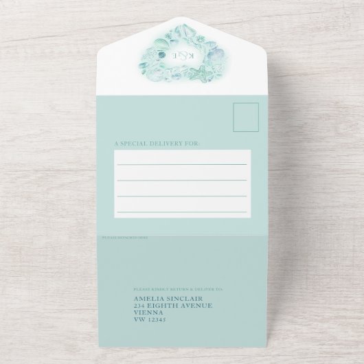 Zeeschelpen hart waterverf strand bruiloft aqua all in one uitnodiging (Buitenkant)